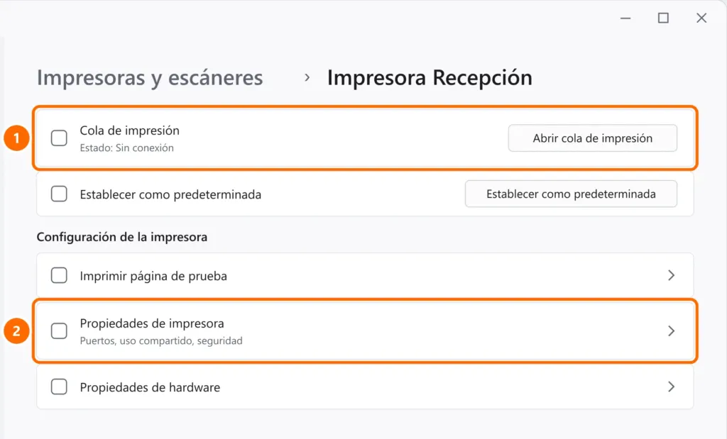 Configuración de Windows 11 en Impresoras y escáneres, con el botón Abrir cola de impresión y Propiedades de impresora destacados