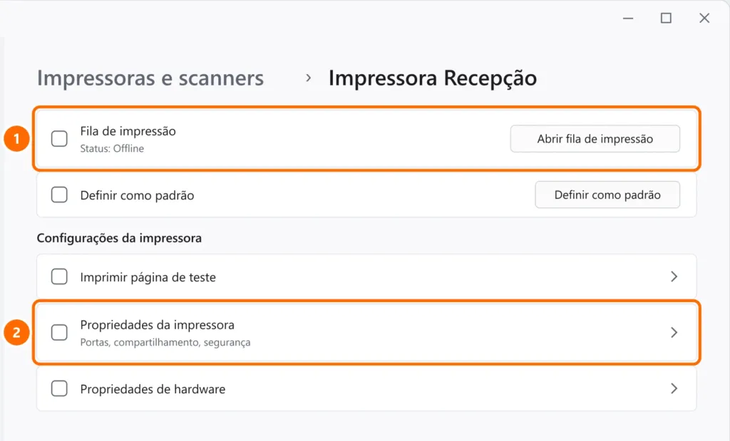 Configurações do Windows 11 em Impressoras e scanners, com o botão Abrir fila de impressão e as Propriedades da impressora destacados