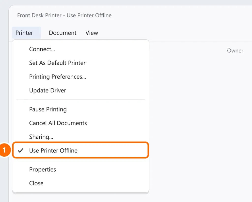 Print queue with the Printer menu open and the Use Printer Offline option checked and highlighted
