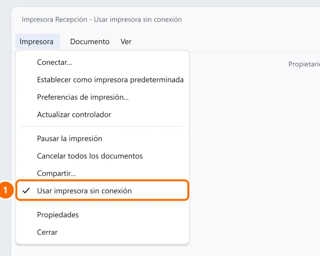 Cola de impresión con el menú Impresora abierto y la opción Usar impresora sin conexión marcada y destacada