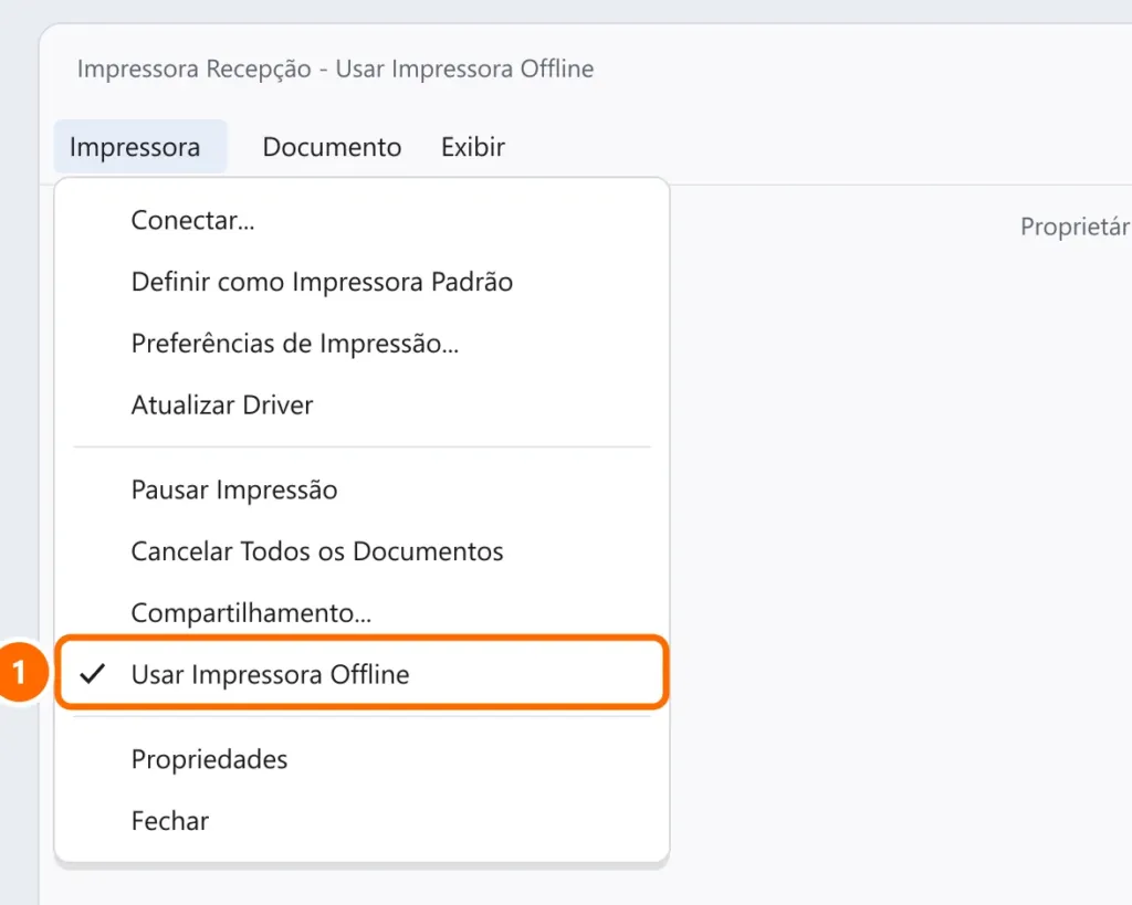 Fila de impressão com o menu Impressora aberto e a opção Usar Impressora Offline marcada e destacada