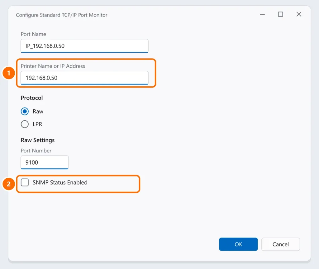 Standard TCP/IP port configuration with the printer IP address and the SNMP Status Enabled option highlighted