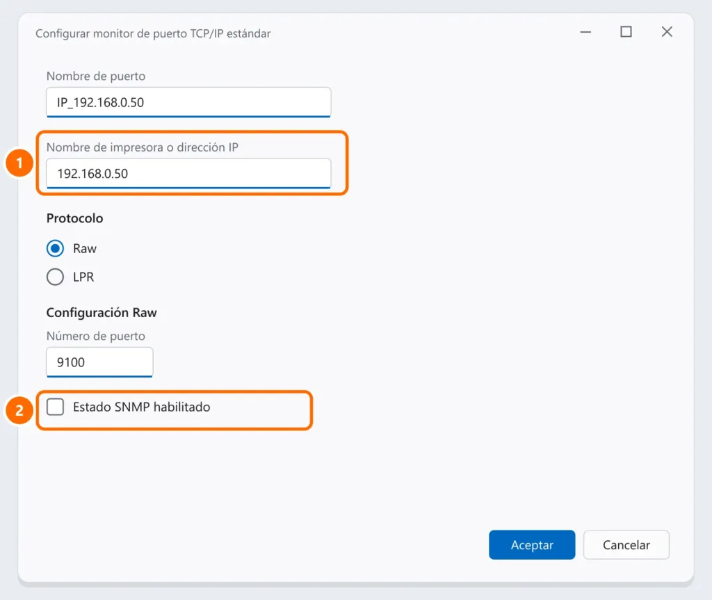 Configuración del puerto TCP/IP estándar con la dirección IP de la impresora y la opción Estado SNMP habilitado destacadas