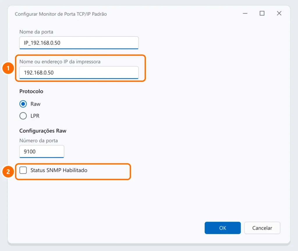 Configuração da porta TCP/IP padrão com o endereço IP da impressora e a opção Status SNMP Habilitado destacados