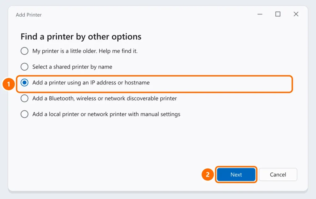 Add Printer wizard with the option to add a printer using an IP address or hostname selected and the Next button highlighted