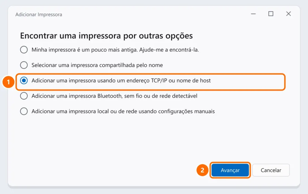 Assistente Adicionar Impressora com a opção de adicionar usando um endereço TCP/IP ou nome de host selecionada e o botão Avançar destacados