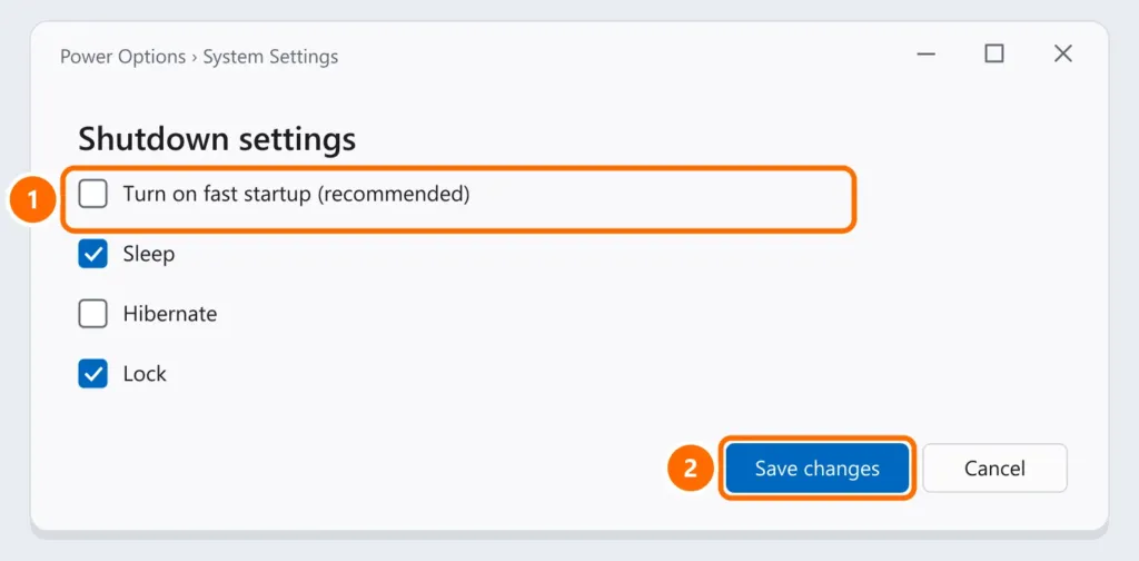 Shutdown settings with Turn on fast startup unchecked and the Save changes button highlighted