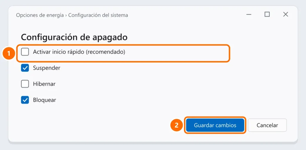 Configuración de apagado con Activar inicio rápido desmarcada y el botón Guardar cambios destacados