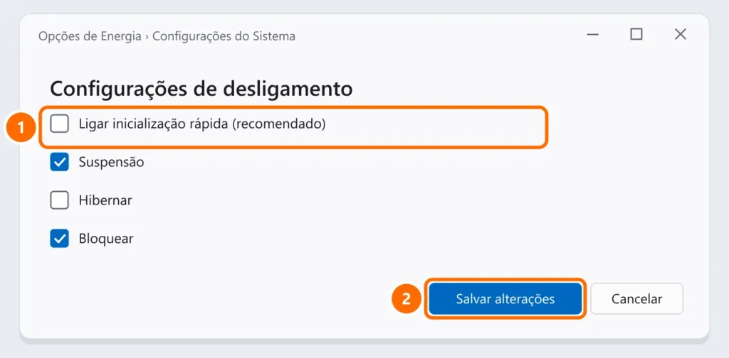 Configurações de desligamento com Ligar inicialização rápida desmarcada e o botão Salvar alterações destacados