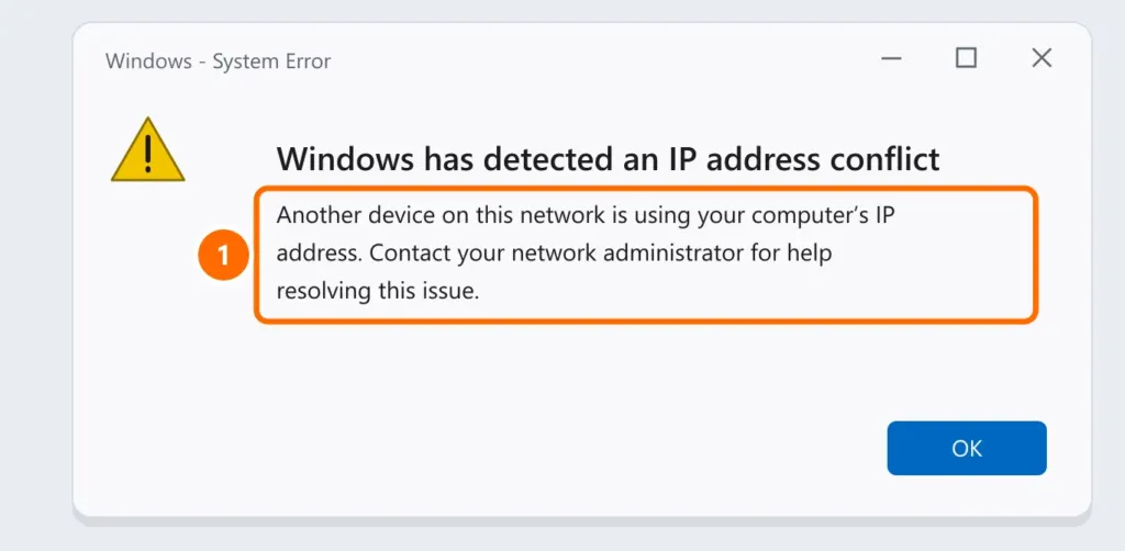 Windows warning: Windows has detected an IP address conflict, another device is using the same IP