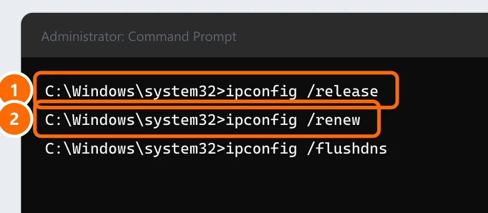 Command Prompt with ipconfig /release and ipconfig /renew highlighted