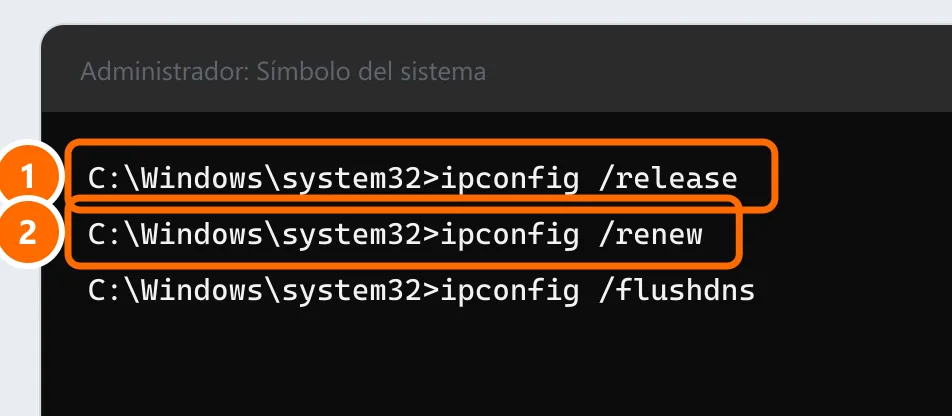 Símbolo del sistema con ipconfig /release e ipconfig /renew destacados