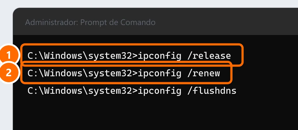 Prompt de Comando com ipconfig /release e ipconfig /renew destacados