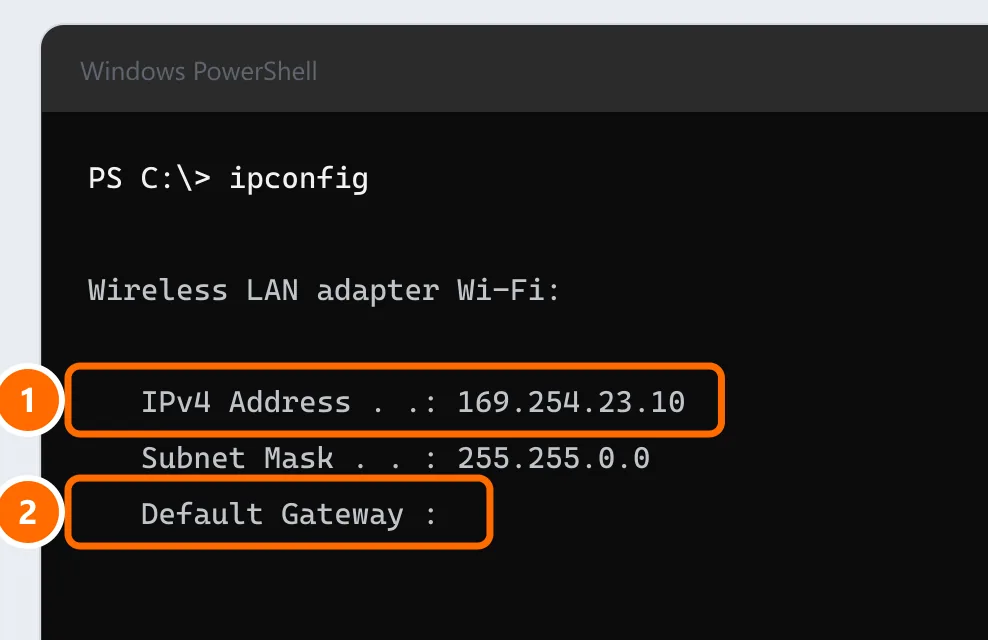 ipconfig output with IPv4 address 169.254.23.10 and an empty Default Gateway, both highlighted