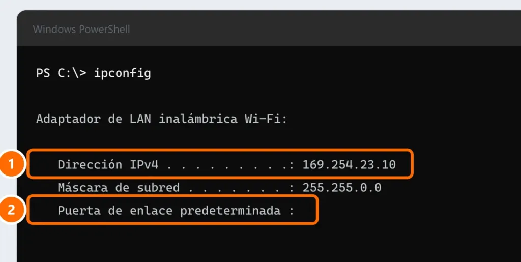 Resultado de ipconfig con la dirección IPv4 169.254.23.10 y la puerta de enlace vacía, ambos destacados
