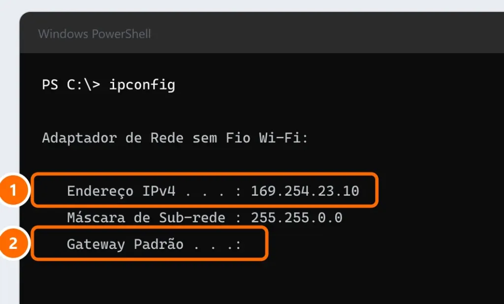 Resultado do ipconfig com endereço IPv4 169.254.23.10 e Gateway Padrão vazio, ambos destacados