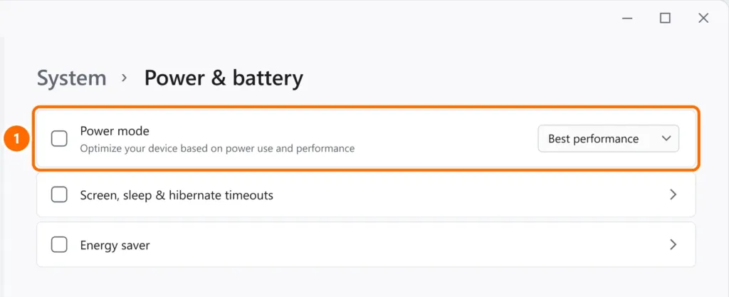 Power & battery settings with power mode set to Best performance highlighted