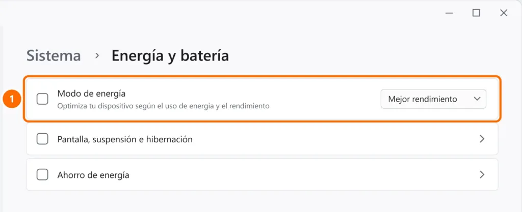 Configuración de Energía y batería con el modo de energía en Mejor rendimiento destacado