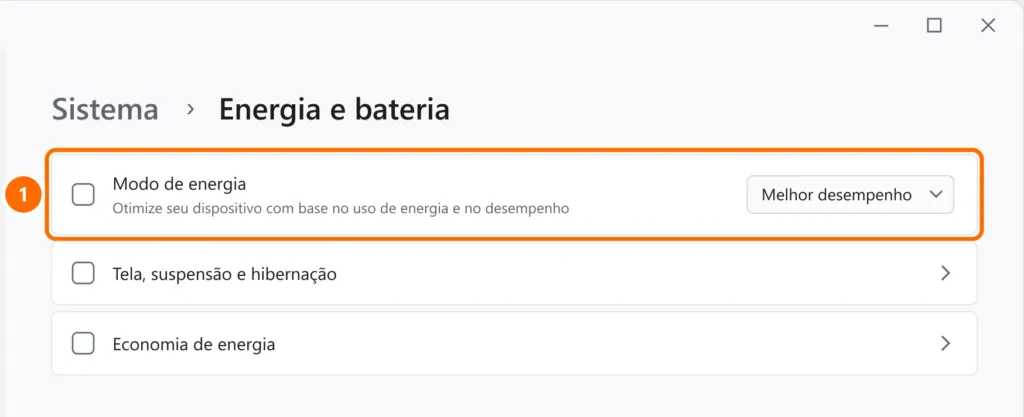 Configurações de Energia e bateria com o modo de energia em Melhor desempenho destacado