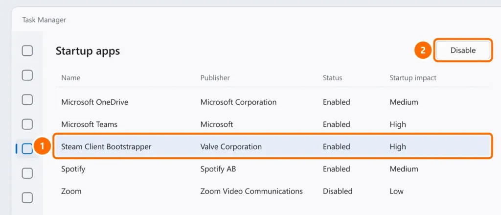Task Manager on the Startup apps page with a high-impact app selected and the Disable button highlighted