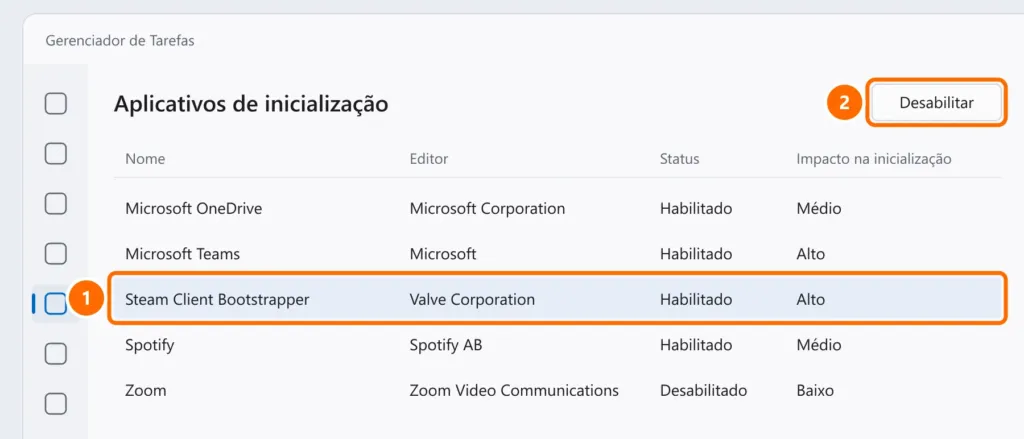 Gerenciador de Tarefas na página Aplicativos de inicialização com um aplicativo de impacto alto selecionado e o botão Desabilitar destacado