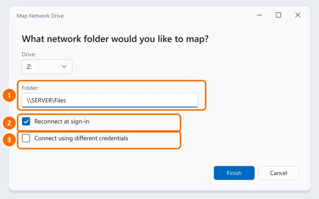 Map Network Drive window with drive Z:, the folder path, Reconnect at sign-in and Connect using different credentials highlighted