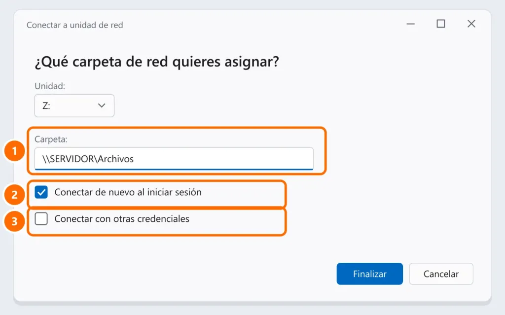 Ventana Conectar a unidad de red con la unidad Z:, la ruta de la carpeta, Conectar de nuevo al iniciar sesión y Conectar con otras credenciales destacados