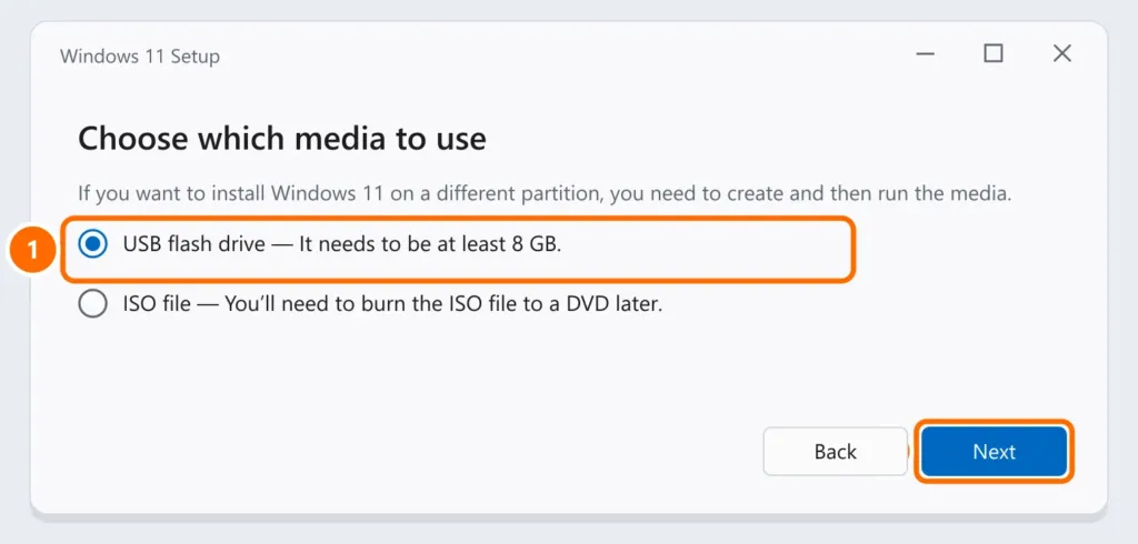 Windows 11 Media Creation Tool with USB flash drive selected and the Next button highlighted