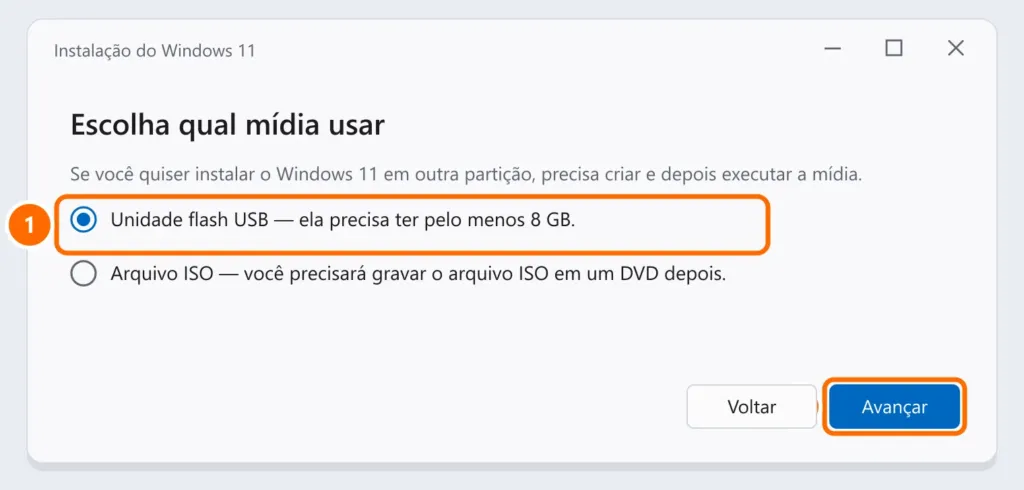 Ferramenta de criação de mídia do Windows 11 com a opção Unidade flash USB selecionada e o botão Avançar destacados