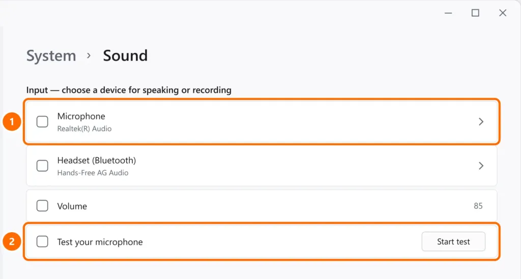 Sound settings Input section with the microphone selected and the Start test button highlighted