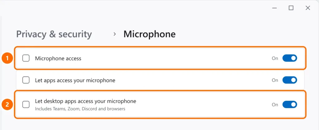 Microphone privacy settings with general access and desktop app access turned on and highlighted