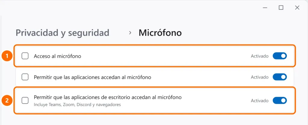 Configuración de privacidad del micrófono con el acceso general y el de aplicaciones de escritorio activados y destacados