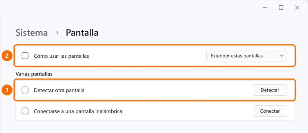 Configuración de Pantalla con el botón Detectar y la opción Extender estas pantallas destacados