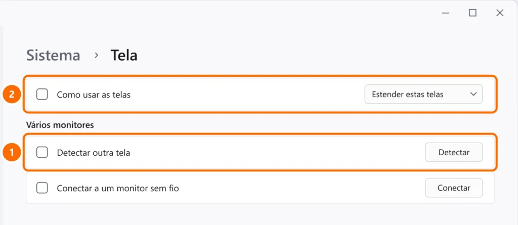 Configurações de Tela com o botão Detectar e a opção Estender estas telas destacados