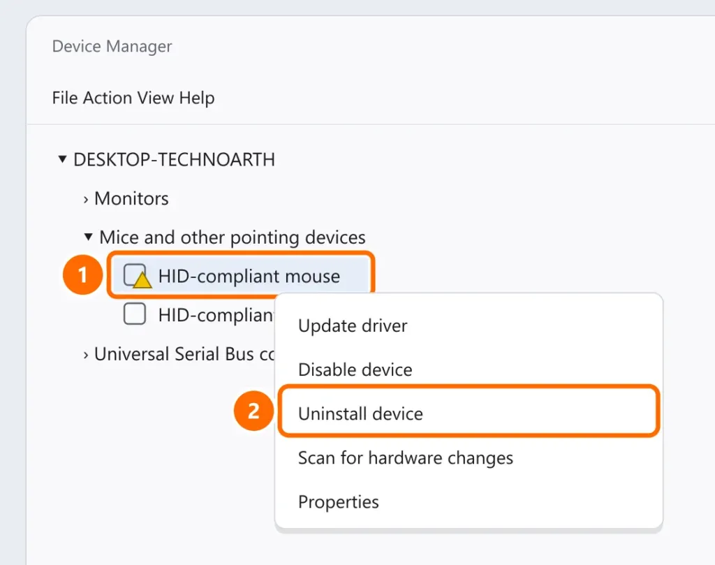 Device Manager with the HID mouse showing a warning selected and Uninstall device highlighted