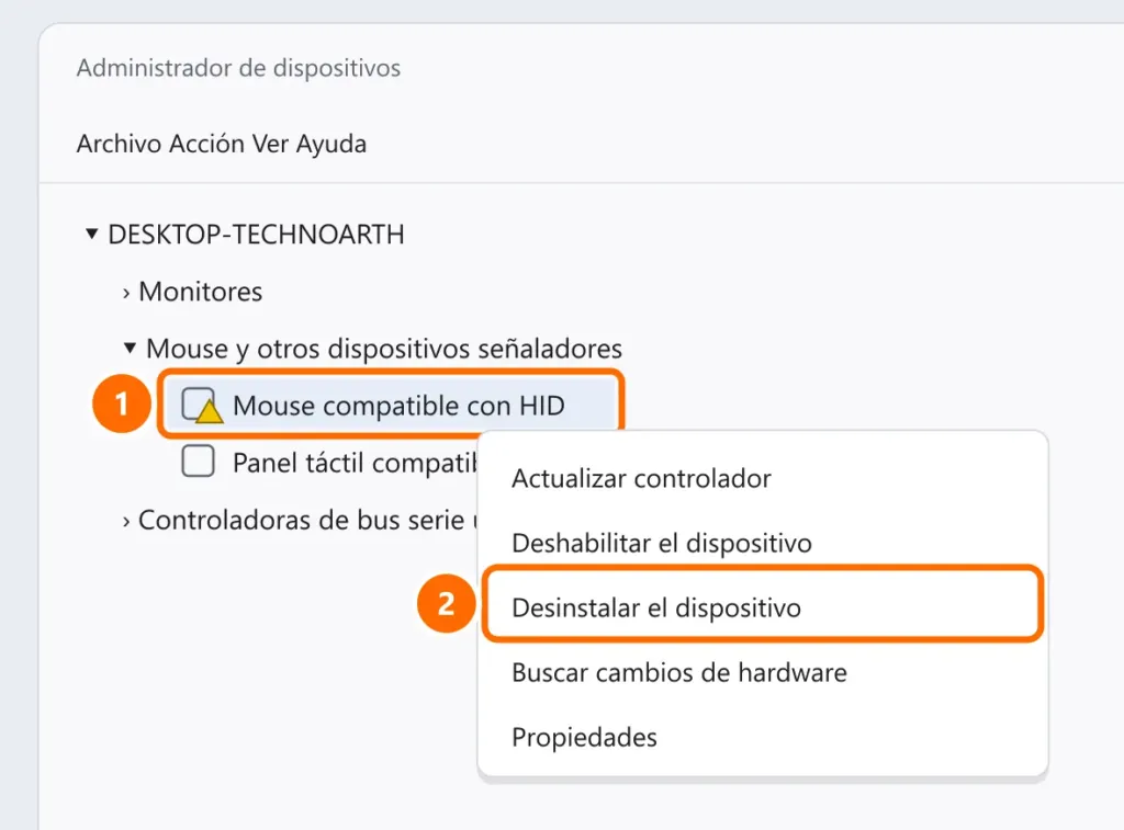 Administrador de dispositivos con el mouse HID con alerta seleccionado y Desinstalar el dispositivo destacado