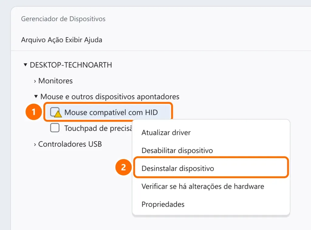 Gerenciador de Dispositivos com o mouse HID com alerta selecionado e a opção Desinstalar dispositivo destacada