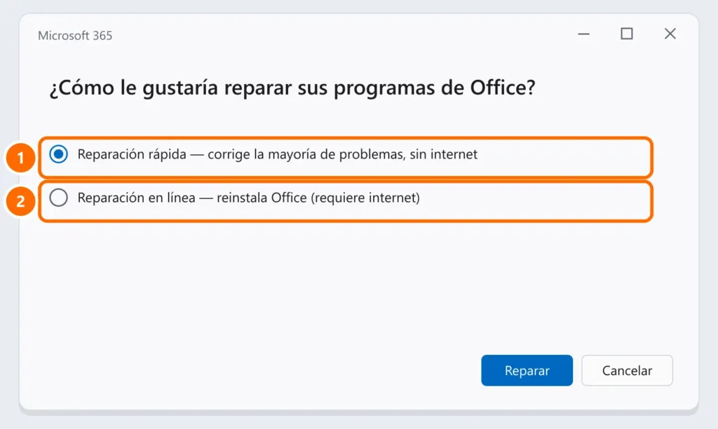 Ventana de reparación de Microsoft 365 con Reparación rápida y Reparación en línea destacadas