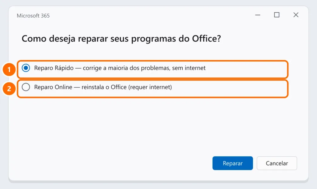 Janela de reparo do Microsoft 365 com as opções Reparo Rápido e Reparo Online destacadas