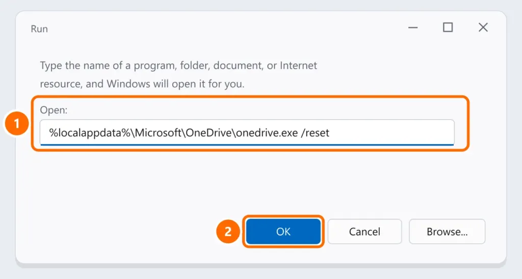 Run box with the OneDrive reset command highlighted
