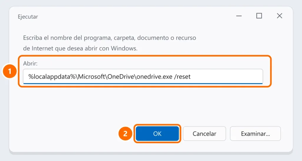 Cuadro Ejecutar con el comando para restablecer OneDrive destacado
