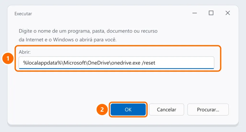 Caixa Executar com o comando de redefinição do OneDrive destacado