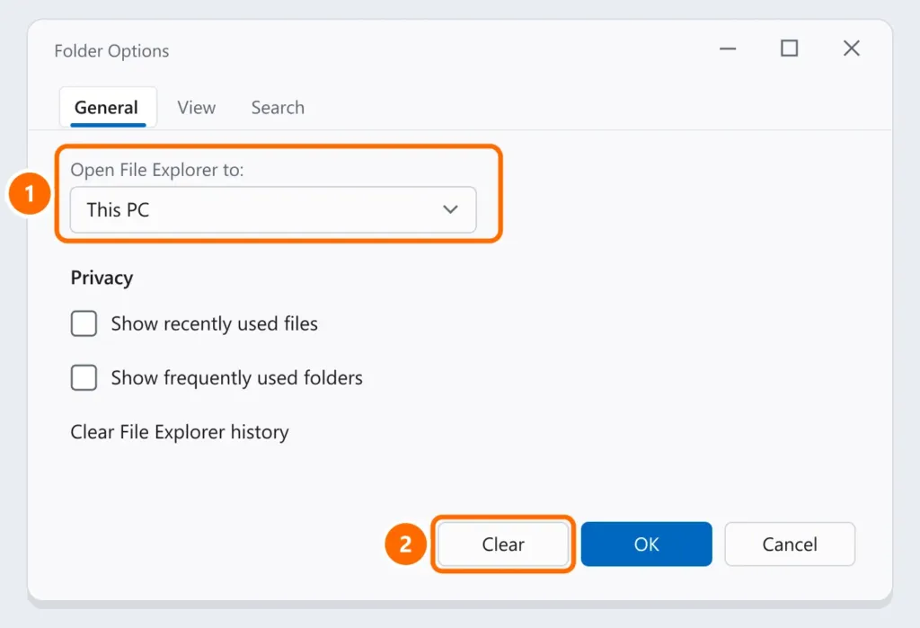 Folder Options with Open File Explorer to This PC and the Clear history button highlighted