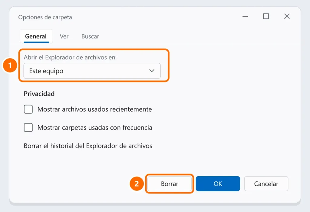 Opciones de carpeta con Abrir el Explorador de archivos en Este equipo y el botón Borrar historial destacados