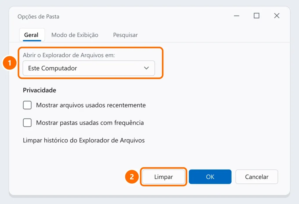 Opções de Pasta com Abrir o Explorador de Arquivos em Este Computador e o botão Limpar histórico destacados