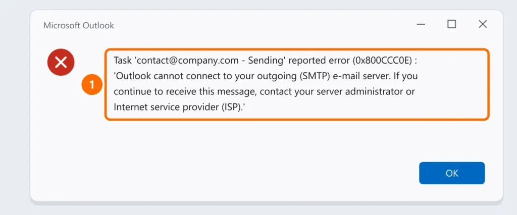 Microsoft Outlook message: the sending task reported error 0x800CCC0E, Outlook cannot connect to the outgoing SMTP server