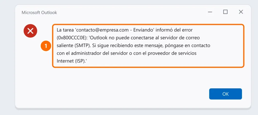 Mensaje de Microsoft Outlook: la tarea de envío informó del error 0x800CCC0E, Outlook no puede conectarse al servidor de correo saliente SMTP