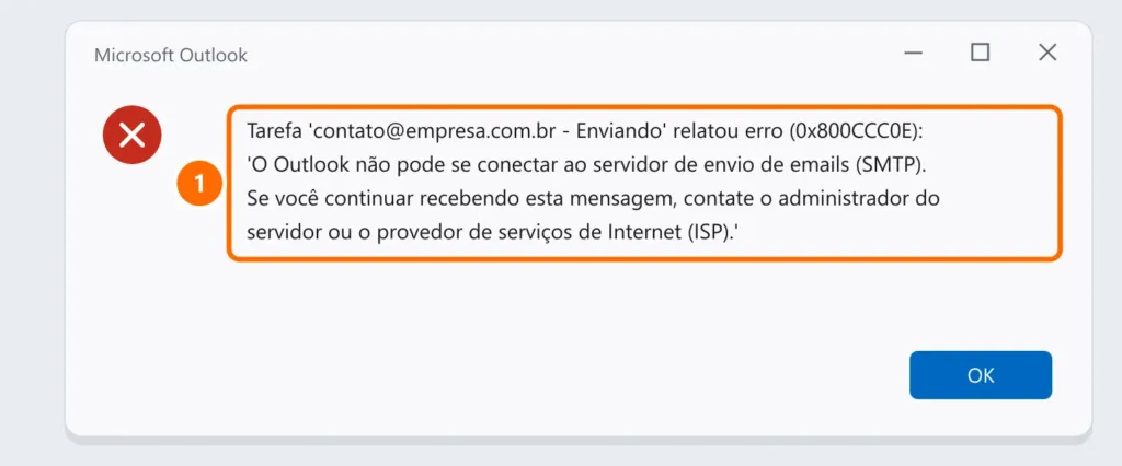 Mensagem do Microsoft Outlook: a tarefa de envio relatou o erro 0x800CCC0E, o Outlook não pode se conectar ao servidor de envio SMTP