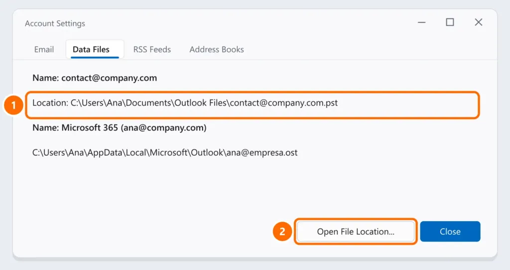 Outlook Account Settings on the Data Files tab with the .pst file path and the Open File Location button highlighted