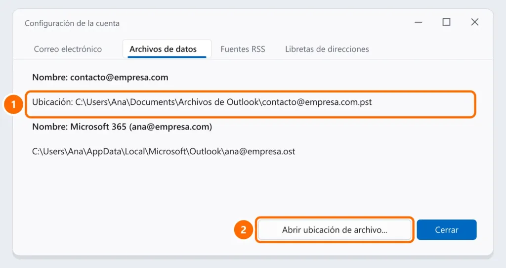 Configuración de la cuenta de Outlook en la pestaña Archivos de datos con la ruta del archivo .pst y el botón Abrir ubicación de archivo destacados